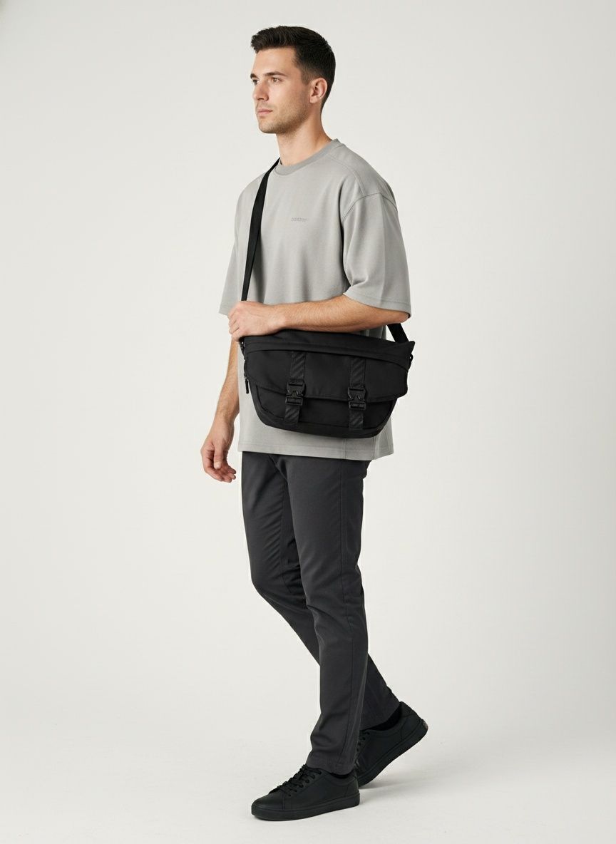 Men's Casual Black Crossbody Bag with Buckle Detail