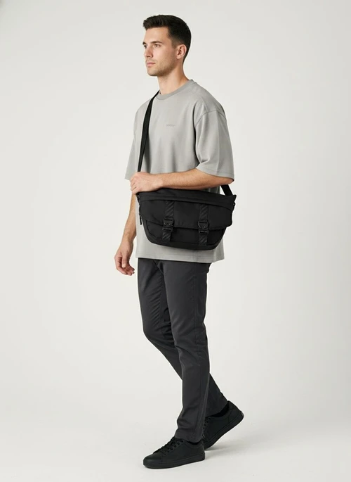 Men's Casual Black Crossbody Bag with Buckle Detail