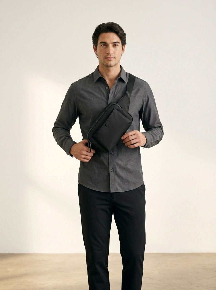 Sleek Black Crossbody Chest Bag - Modern Utility Pouch