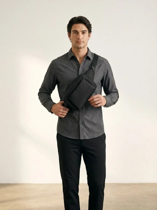 Sleek Black Crossbody Chest Bag - Modern Utility Pouch