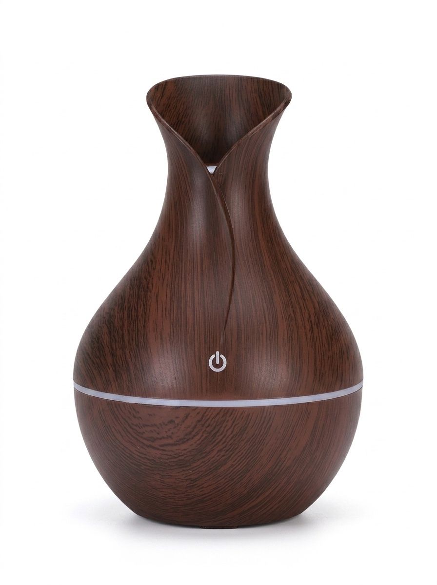 Humidificador portátil USB mini tipo jarrón, humidificador de escritorio silencioso con acabado de madera y luz ambiental LED de 7 colores para dormitorios, habitaciones y oficinas.