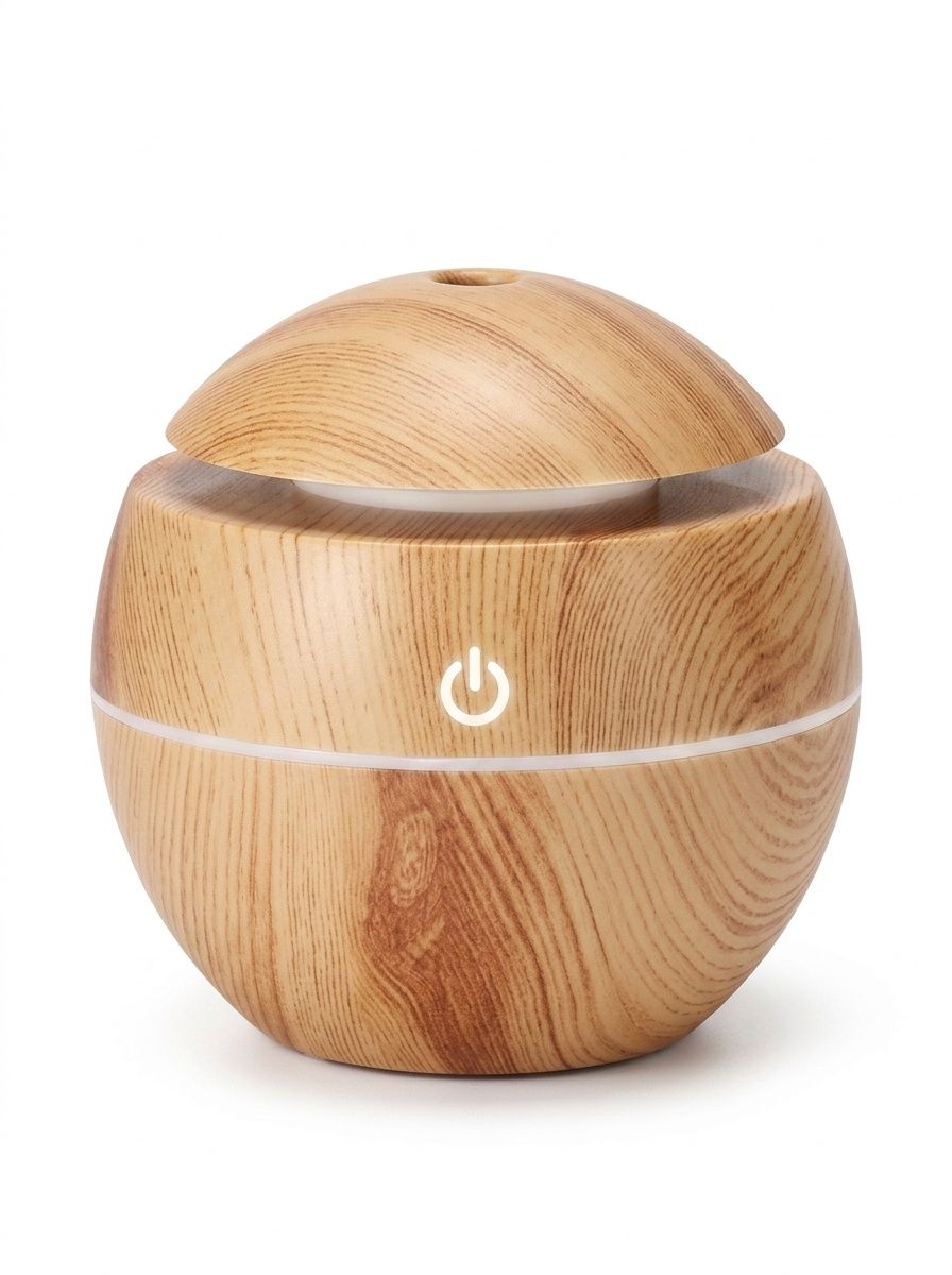 Mini humidificador USB con diseño de vetas de madera y difusor de aromas, 200 ml, portátil, silencioso, generador de niebla ultrasónico con luz LED de 9 colores, modos de 4/8 horas para el hogar y el escritorio.