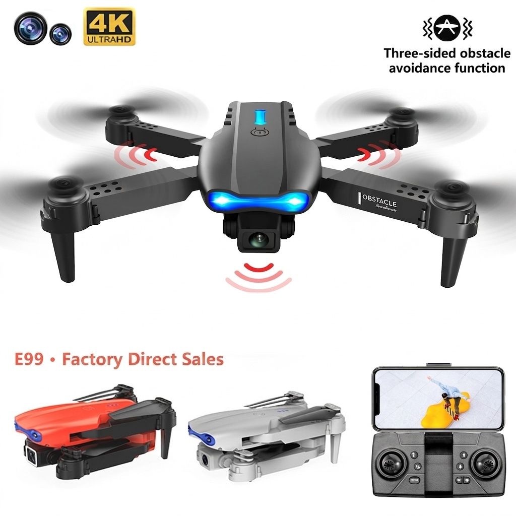 E99 4K UHD Foldable Drone with Dual Camera, Intelligent Obstacle Avoidance, Long Range Control, RC Quadcopter for Beginners