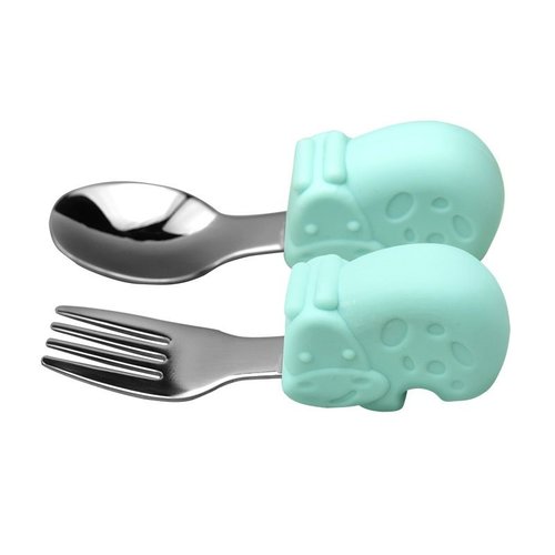 Baby Self-Feeding Spoon & Fork Set - Silicone & Steel