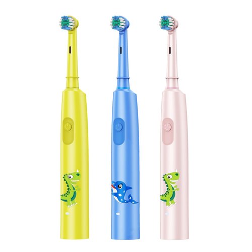 Spazzolino elettrico sonico per bambini, con design a tema animali, 8 testine di ricambio e custodia da viaggio.