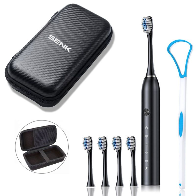 Set spazzolino elettrico sonico, custodia da viaggio, testine di ricambio, pulisci lingua