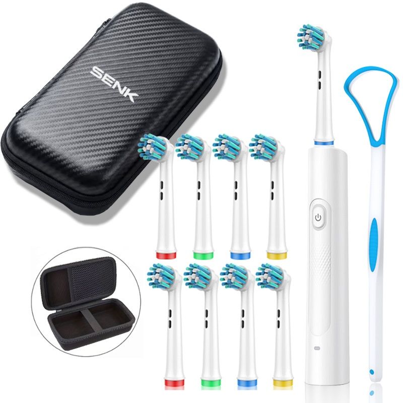 Kit spazzolino elettrico con custodia da viaggio, testine multiple e pulisci lingua.