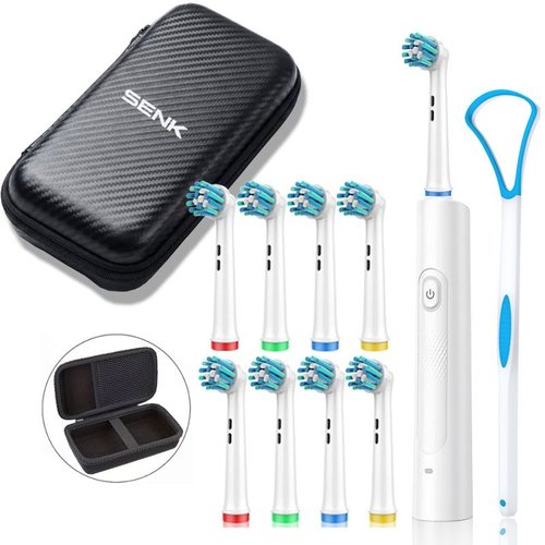 Kit spazzolino elettrico con custodia da viaggio, testine multiple e pulisci lingua.