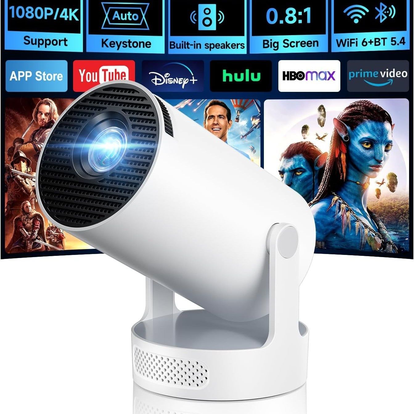 Premium Portable Smart 4K Projector 720P Wi-Fi 6 Home Theater with auto ladder correction - Model#HY300Plus