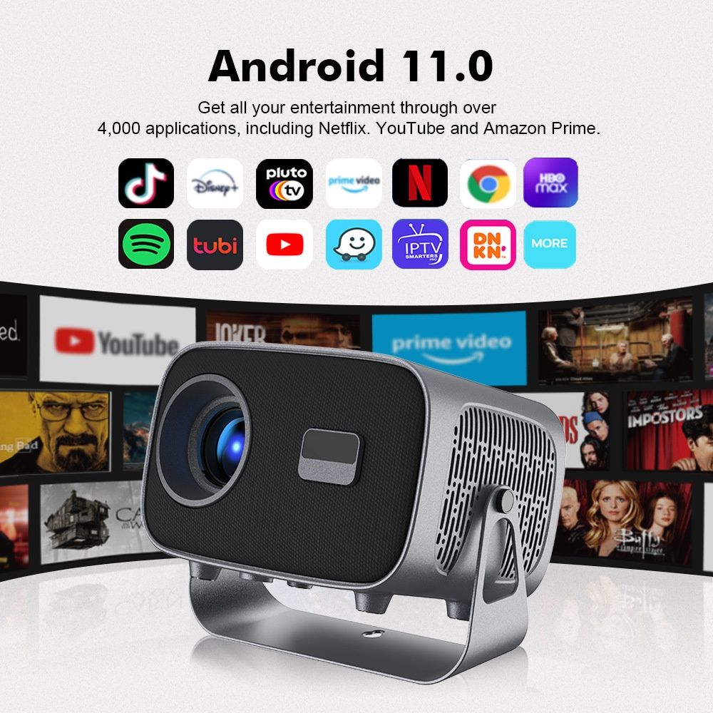 Portable 4K Smart Projector with Android 11, WiFi BT-5 & Bluetooth with auto electronic focus - Model#A10