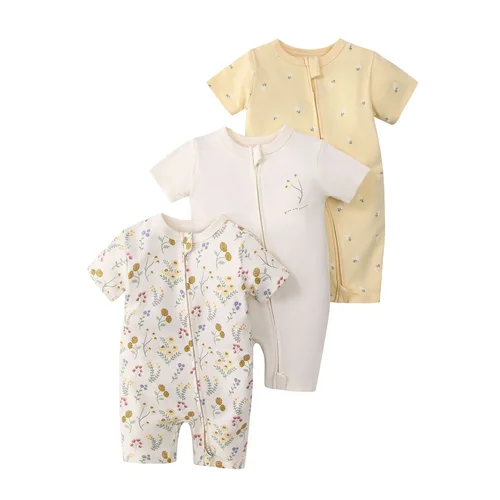 Baby 3-pack rompertjes met korte mouwen en ritssluiting - Zachte katoenen slaapzakjes