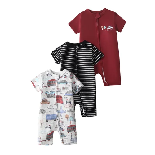 Baby 3-pack rompertjes met korte mouwen en ritssluiting - Zachte katoenen slaapzakjes