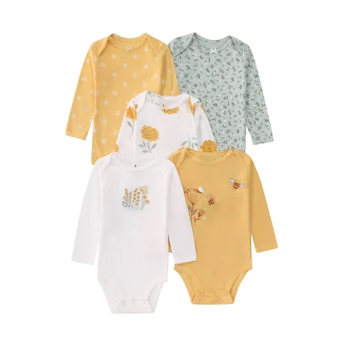 Babyrompertje met lange mouwen, 5 stuks, 2 zachte katoenen rompertjes met drukknoopjes.