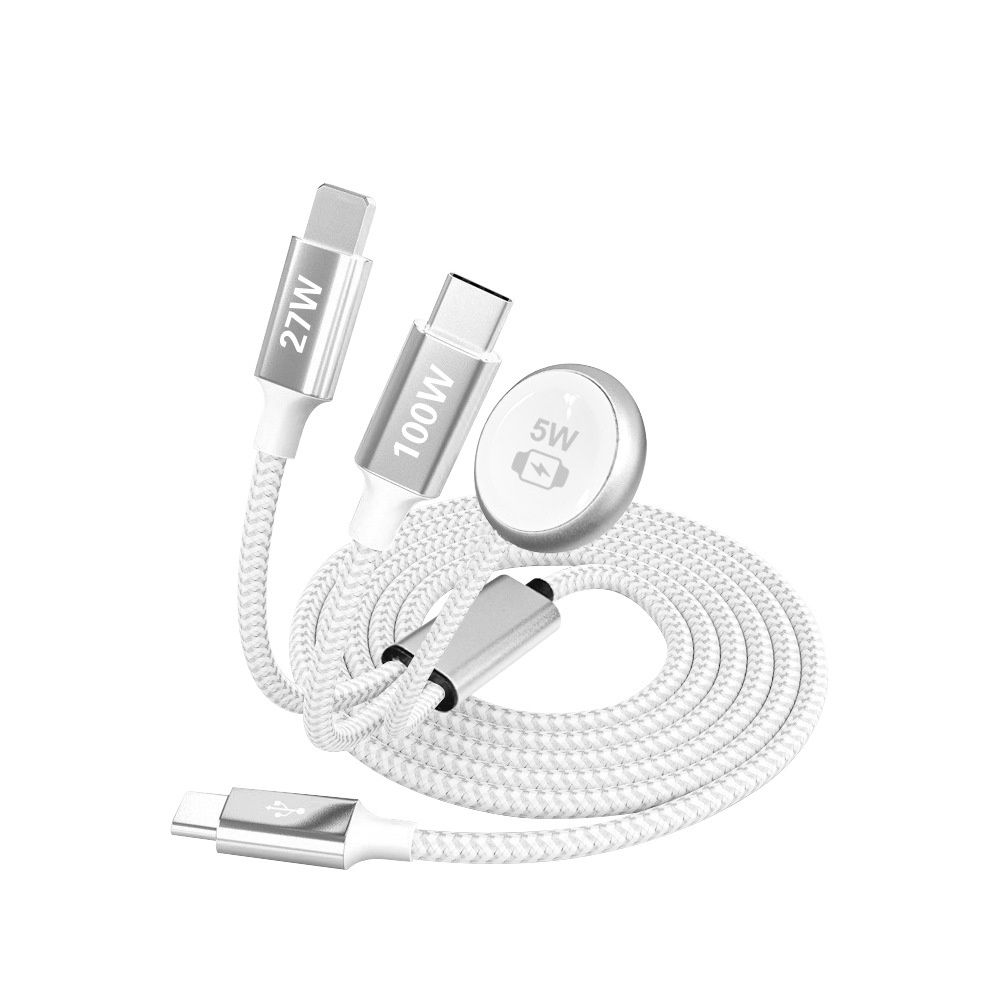 3-in-1 Fast Charging Cable: 100W USB-C, 27W Lightning & 5W Magnetic Watch Charger, Braided Multi-Port Cord, White