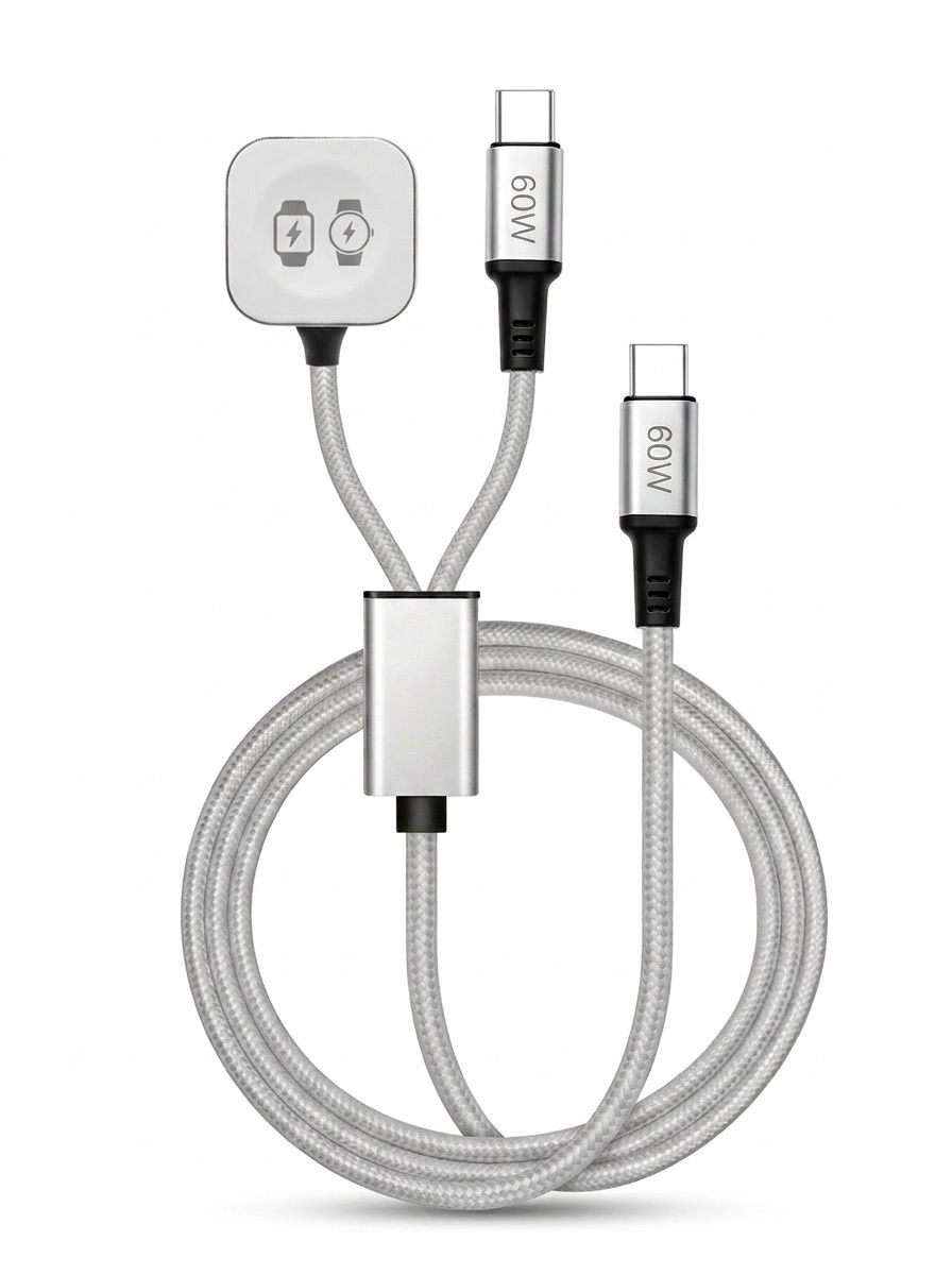 60W USB-C 3-in-1 Fast Charging Cable for Phone, Watch & Laptop, Braided Cord with Aluminum Alloy Connectors, White