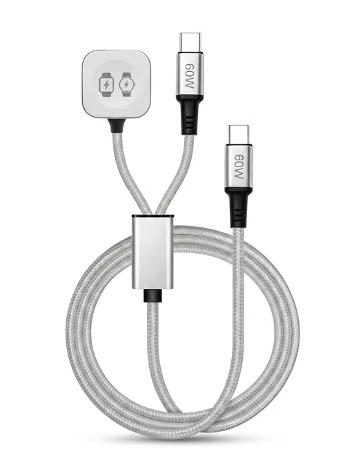 60W USB-C 3-in-1 Fast Charging Cable for Phone, Watch & Laptop, Braided Cord with Aluminum Alloy Connectors, White