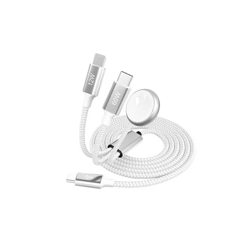 3-in-1 Multi-Charger Cable for Smartwatch, iPhone & Android, Fast Charging Braided Cord, White