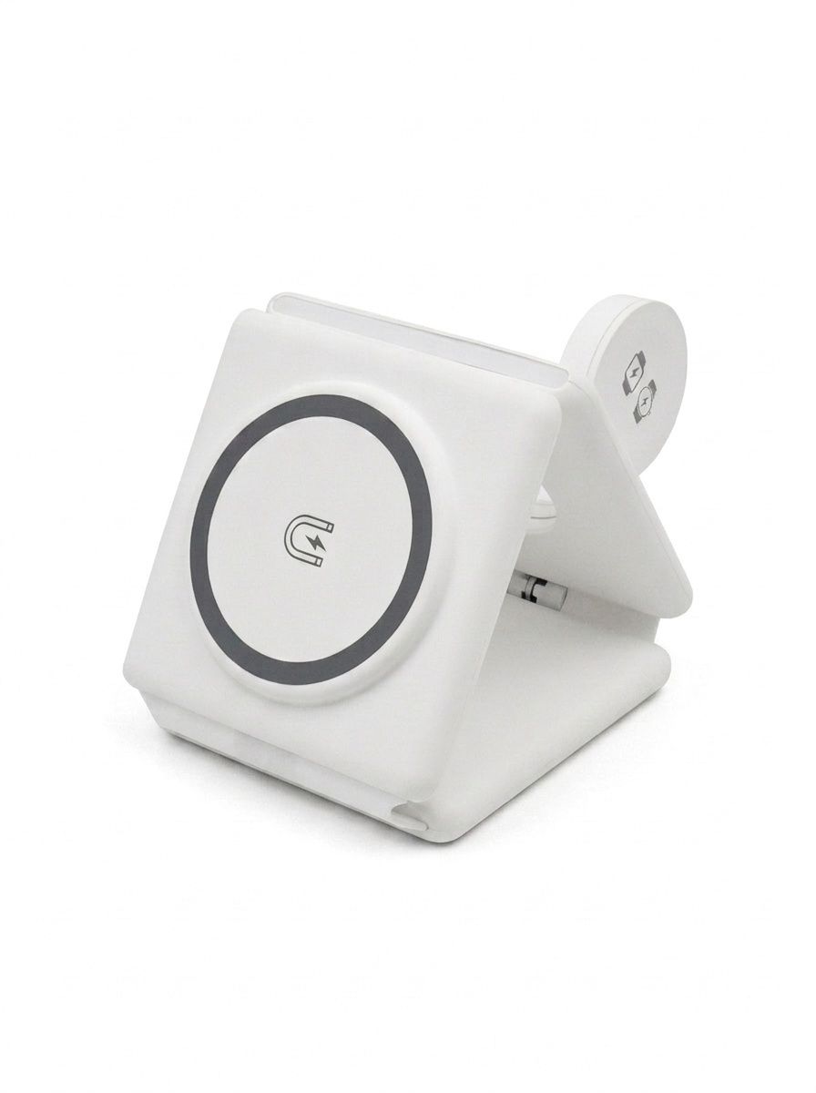 3-in-1 Foldable Wireless Charger for Phone, Watch & Earbuds, Portable Fast Charging Stand, White/Black