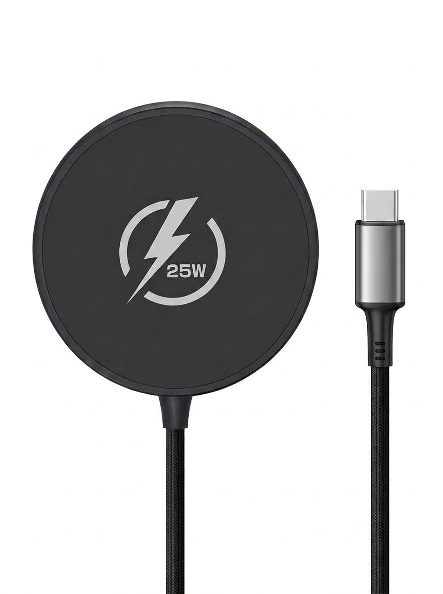 25W Magnetic Wireless Fast Charger Pad with 1m USB-C Cable, Aluminum Casing Fast Charging Station, White/Black