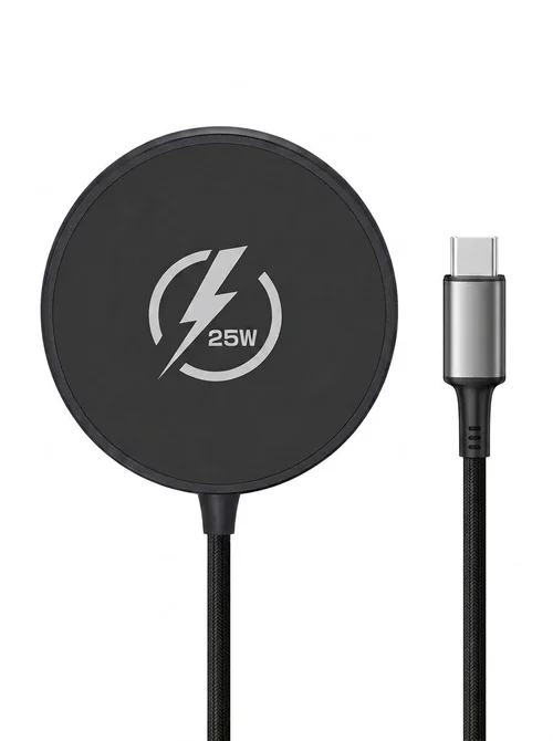 25W Magnetic Wireless Fast Charger Pad with 1m USB-C Cable, Aluminum Casing Fast Charging Station, White/Black