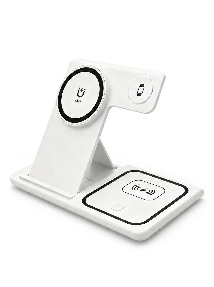 3-in-1 Foldable Wireless Charger Stand for Phone, Watch & Earbuds, 15W Fast Charging Station with Smart Protection, White/Black