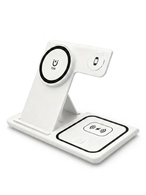 3-in-1 Foldable Wireless Charger Stand for Phone, Watch & Earbuds, 15W Fast Charging Station with Smart Protection, White/Black