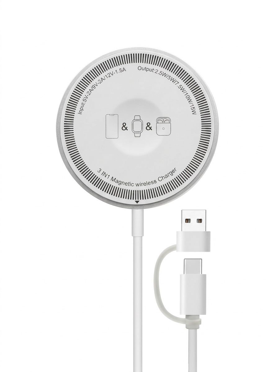3-in-1 Magnetic Wireless Charger for iPhone, Watch & AirPods, 15W Fast Charging Station, Aluminum Alloy, White