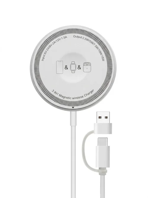 3-in-1 Magnetic Wireless Charger for iPhone, Watch & AirPods, 15W Fast Charging Station, Aluminum Alloy, White