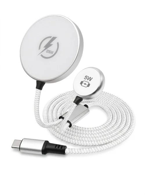 2-in-1 Magnetic Wireless Charger for Phone & Smartwatch, 25W/5W Fast Charging Braided Cable, Aluminum Alloy, White