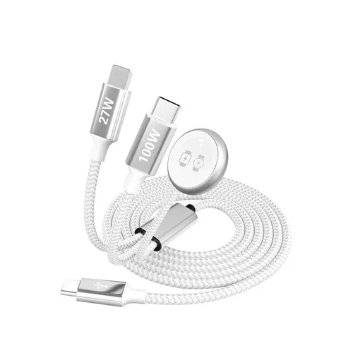 4-in-1 Fast Charging Cable: 100W USB-C, 27W Lightning & 3W Wireless Watch Charger, Braided Cord, White