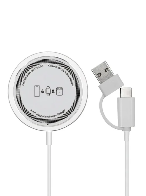 15W Magnetic Wireless Charger, 3-in-1 Fast Charging Pad with Dual USB-A/C Inputs, Ultra-Thin, Black