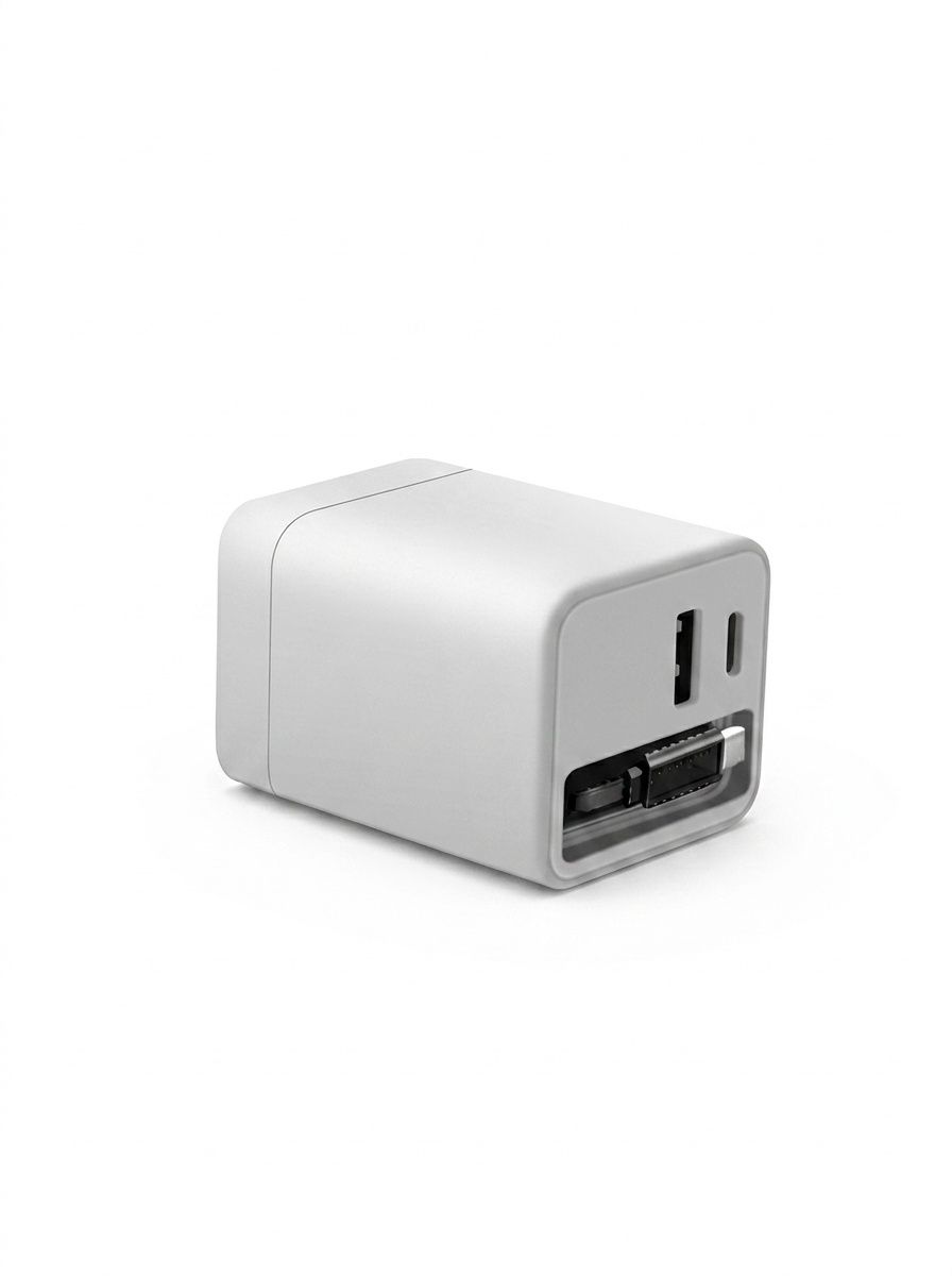 65W Fast Charger with 65cm Retractable USB-C Cable, Multi-Port Desktop Charging Station, White/Black