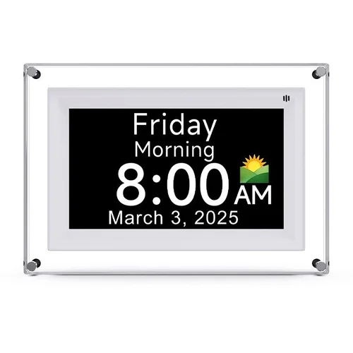 7-Inch Digital Day Clock with Alarm & Medication Reminders - IPS Display, Auto-Brightness, Type-C Port, 11 Languages Support, White