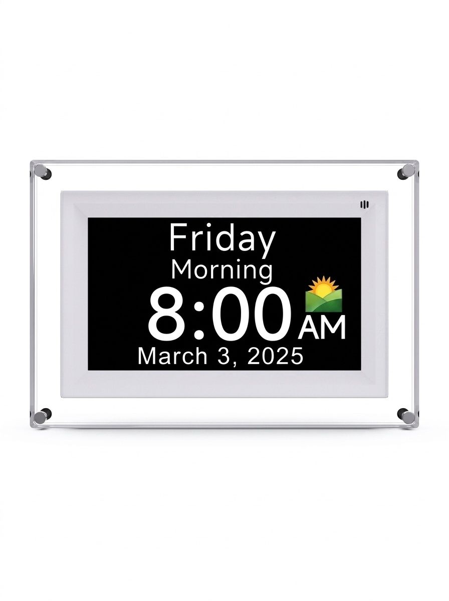 7-Inch Digital Day Clock with Alarm & Medication Reminders - IPS Display, Auto-Brightness, Type-C Port, 11 Languages Support, White