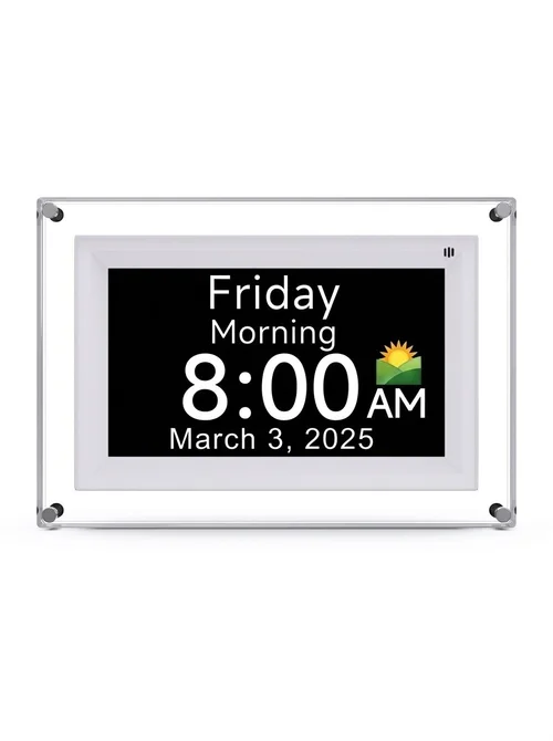 7-Inch Digital Day Clock with Alarm & Medication Reminders - IPS Display, Auto-Brightness, Type-C Port, 11 Languages Support, White