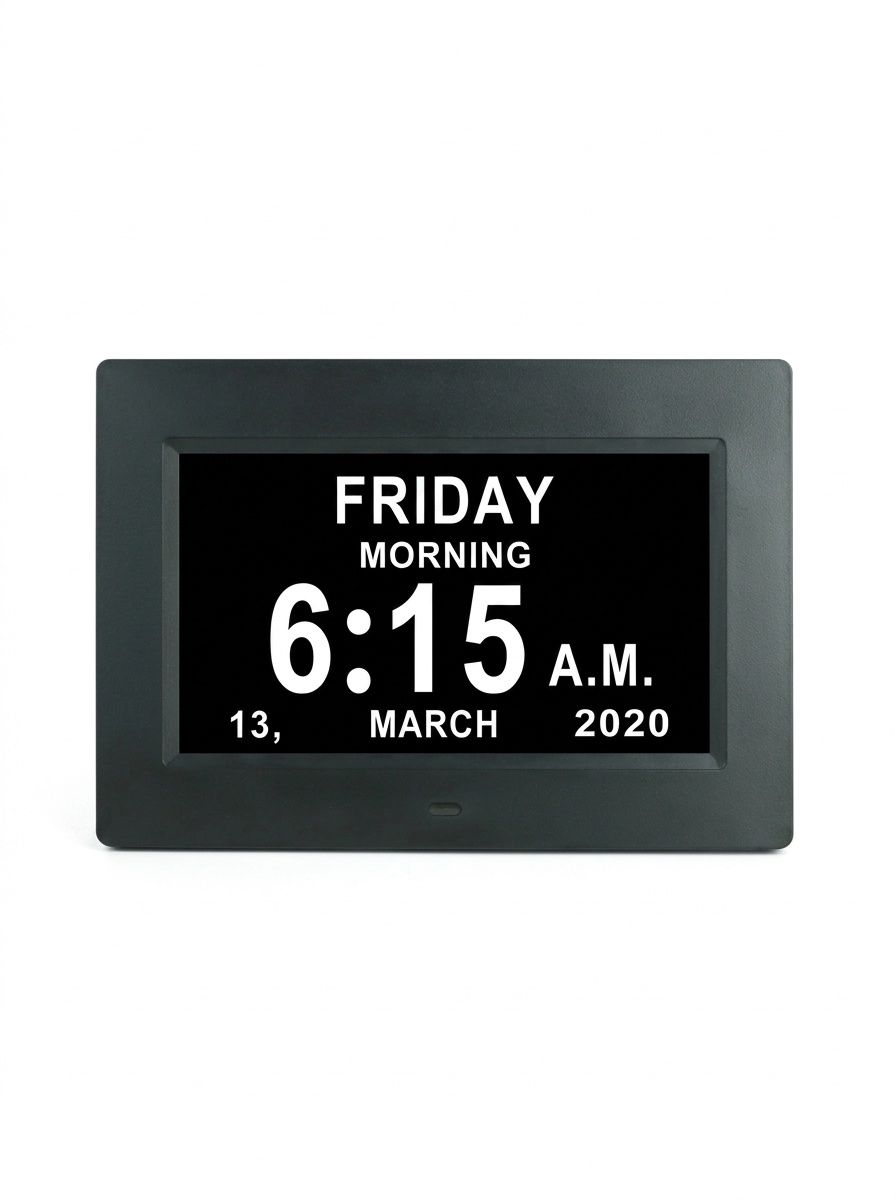 7-Inch Digital Calendar Day Clock for Seniors - Large Clear Display, Multiple Alarms, Auto-Brightness, Multi-Language Time & Date Tracker, White