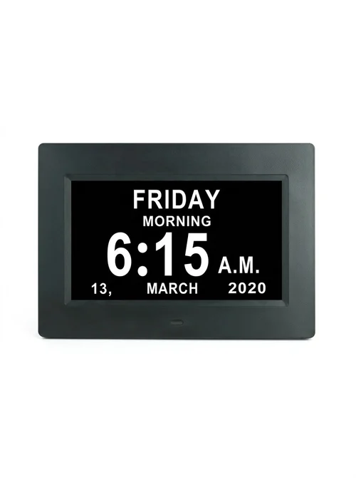 7-Inch Digital Calendar Day Clock for Seniors - Large Clear Display, Multiple Alarms, Auto-Brightness, Multi-Language Time & Date Tracker, White