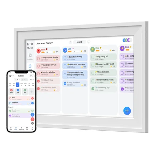 Smart Digital Calendar & Photo Frame - Family Organizer with Schedule Sync, Task Management, Vibrant Display, White