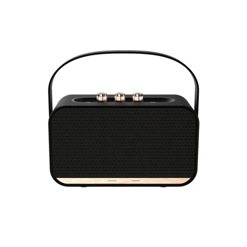 Enceinte Bluetooth portable rétro avec basses profondes, son HiFi vintage, autonomie prolongée, système audio sans fil longue portée et dragonne de transport.