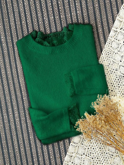 Strickpullover mit Spitzenbesatz, einfarbig, langärmlig, Herbst, SSU-00099