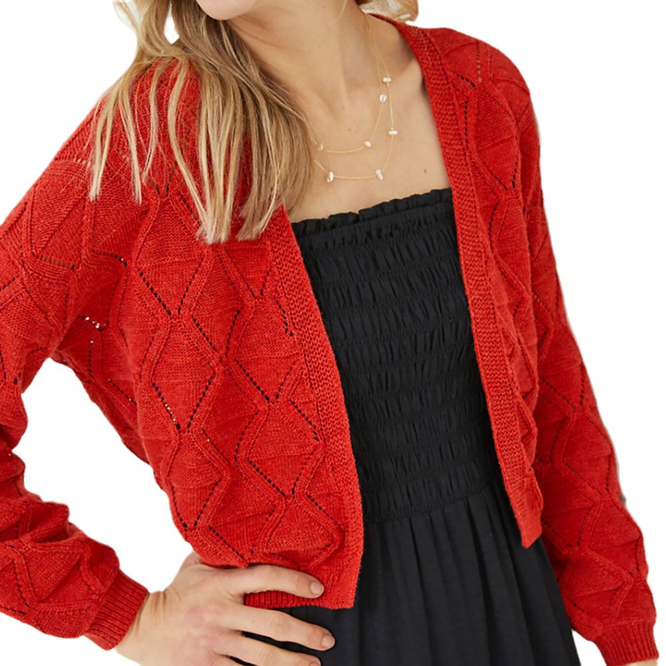 Women's Knit Cropped Cardigan Long Sleeve Hollow Out Sweater