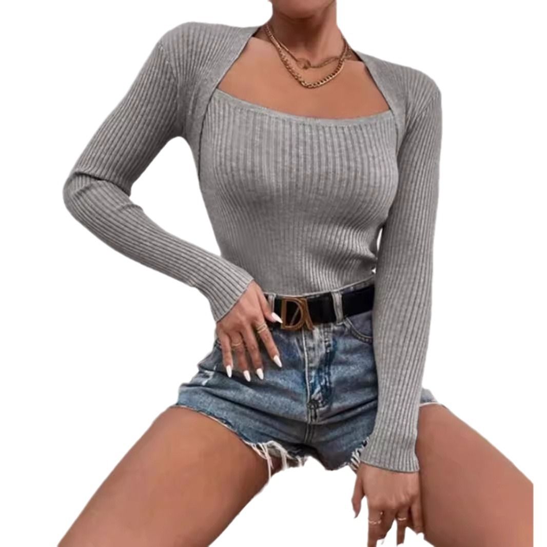 Knitted Cropped Pullover Sweater Long Sleeve Solid Color SSU-00012