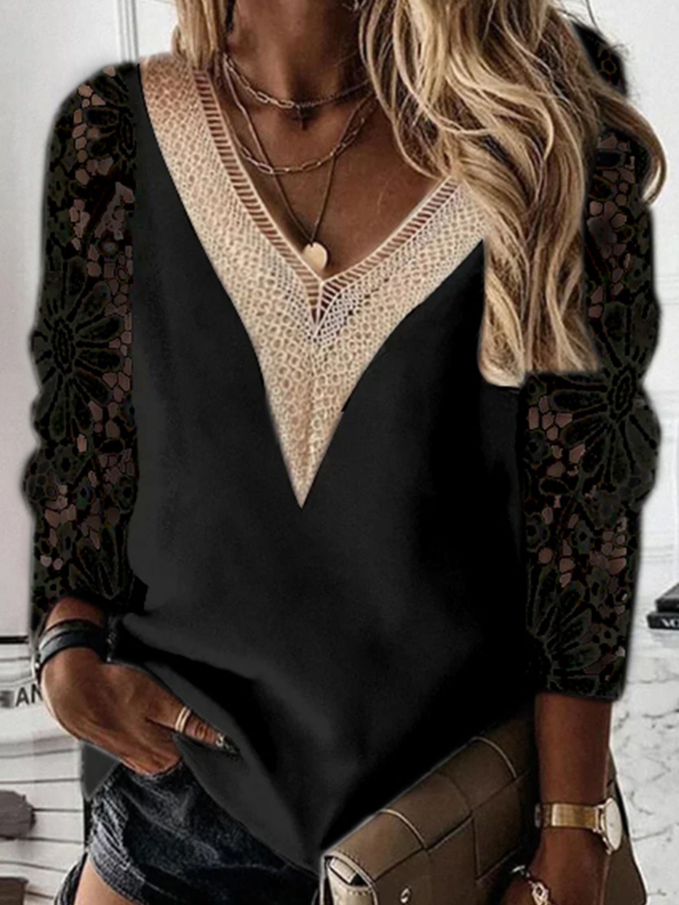 Lace Long Sleeve V Neck Knit Sweater Hollow Out Pullover SSU-00014