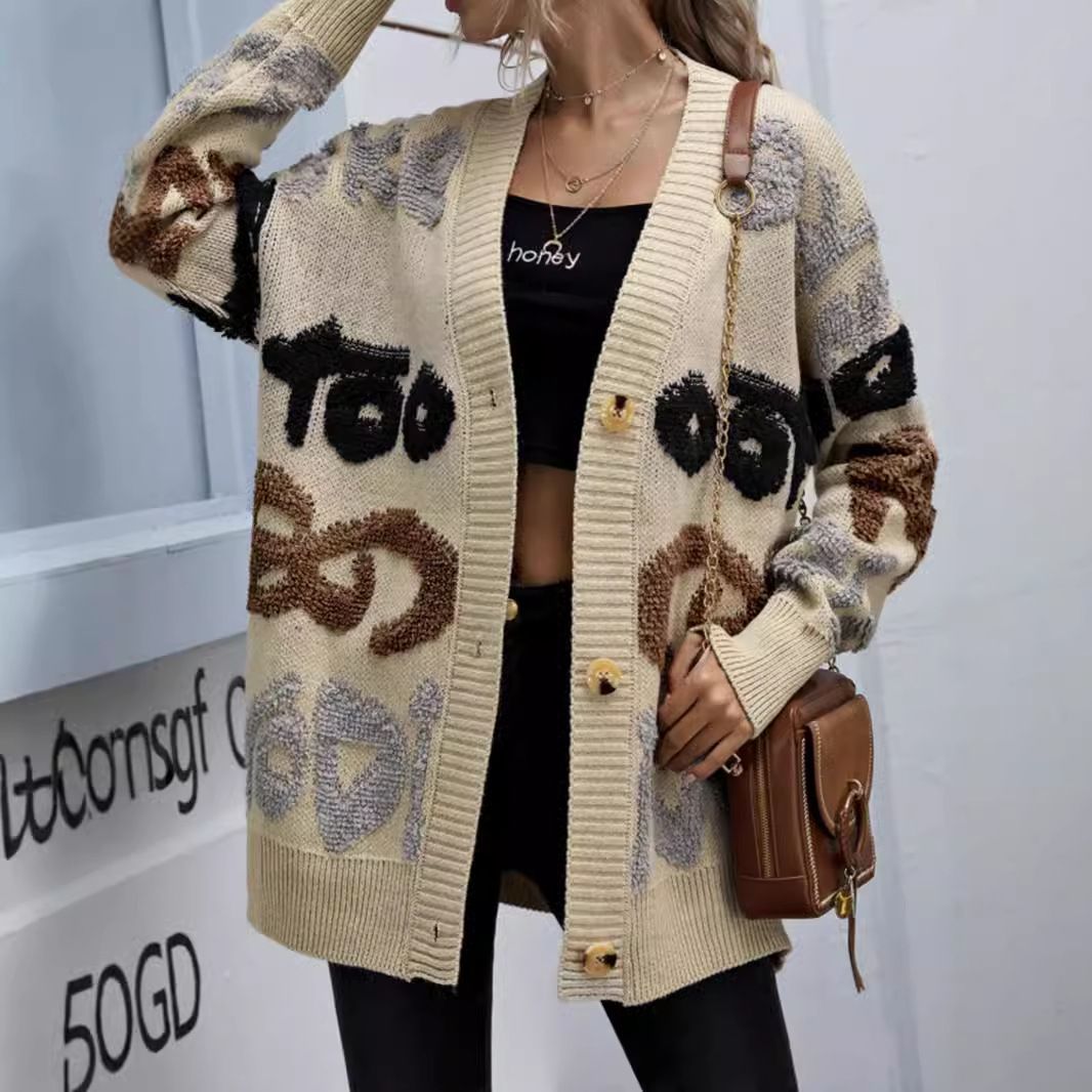 Knit Cardigan Duster - Letter Jacquard Open Front