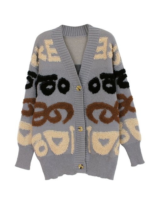 Cardigan lungo in maglia con stampa jacquard a lettere e apertura frontale