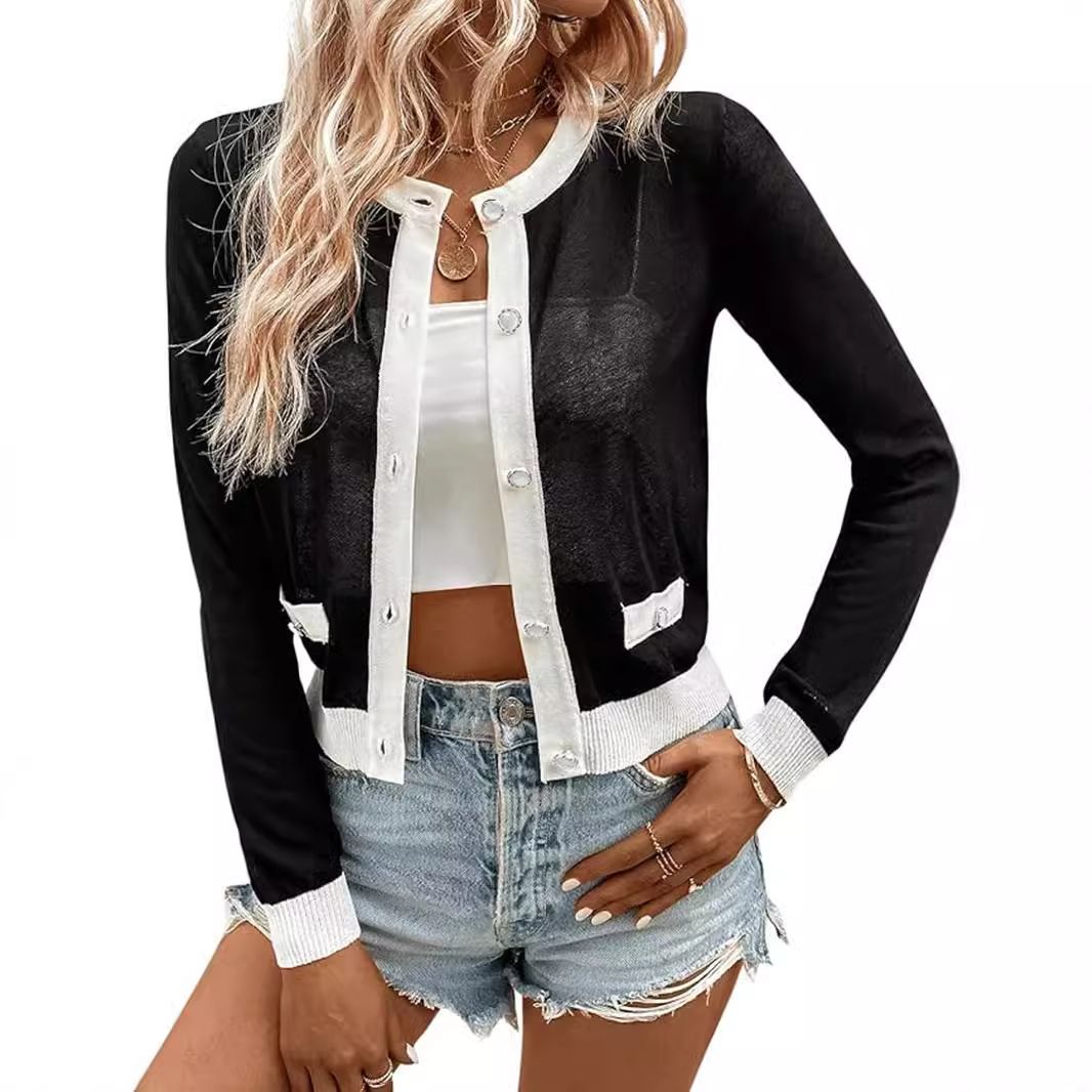 Gilet court en maille pour femme, manches longues, printemps-été