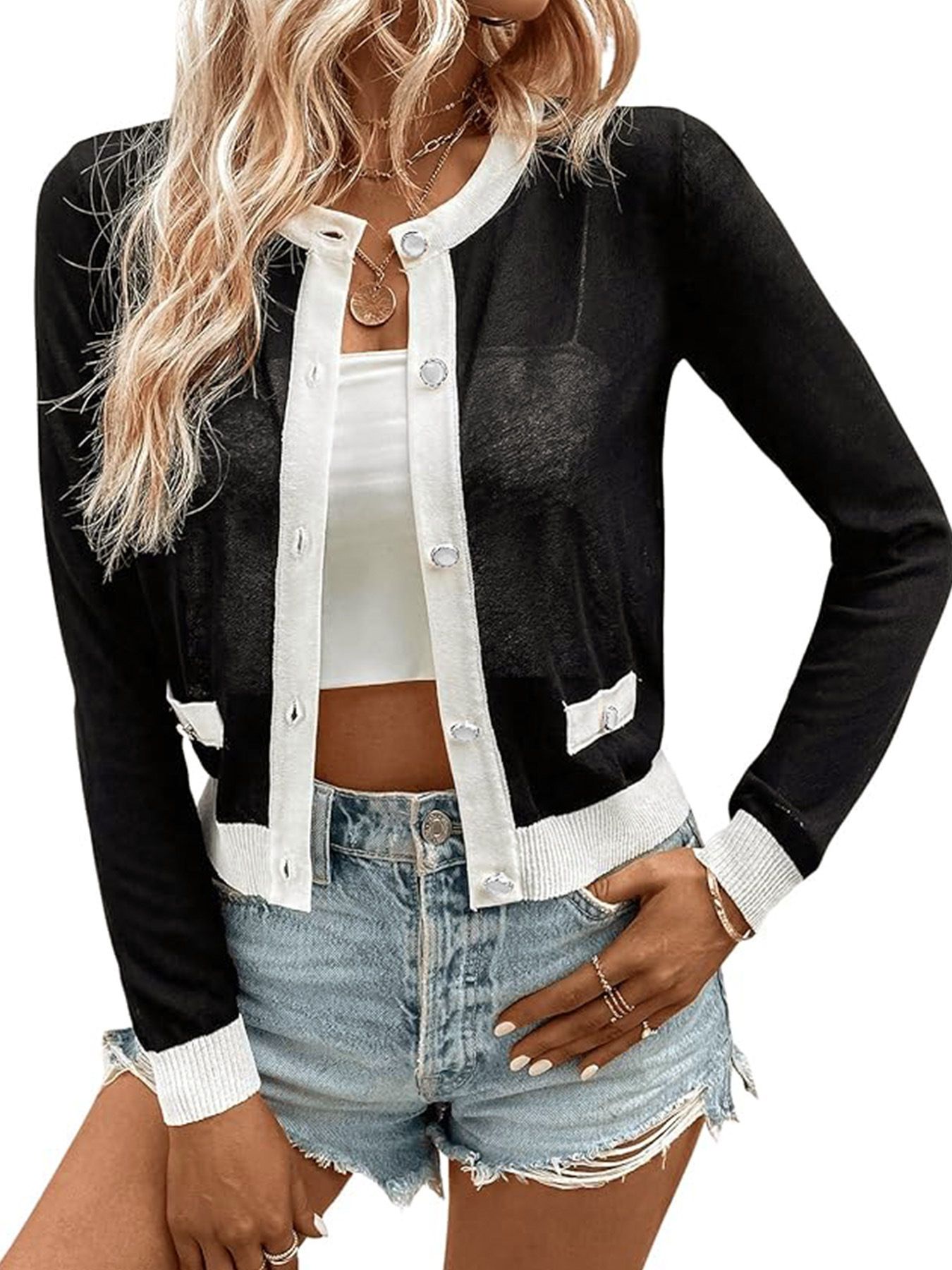 Gilet court en maille pour femme, manches longues, printemps-été