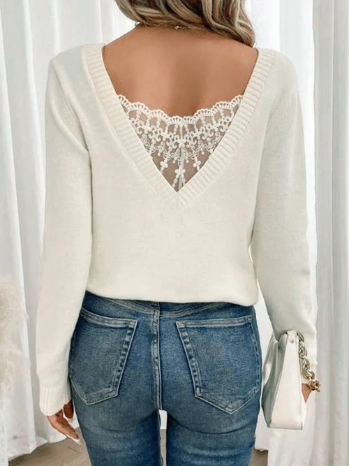 Women's V-Neck Knit Sweater Long Sleeve Pullover Top SSU-00123