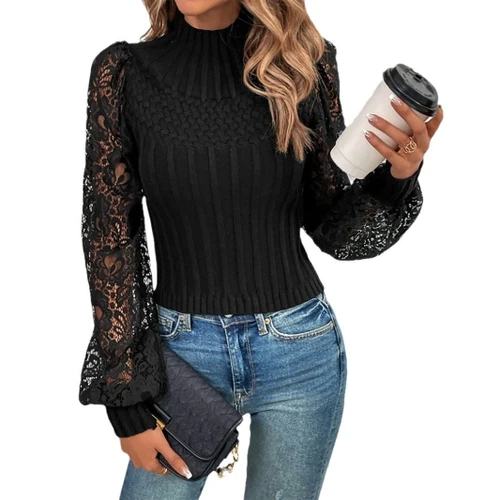 Women's Long Sleeve Lace Sleeve Pullover Top Elegant Spring Autumn SSU-00124