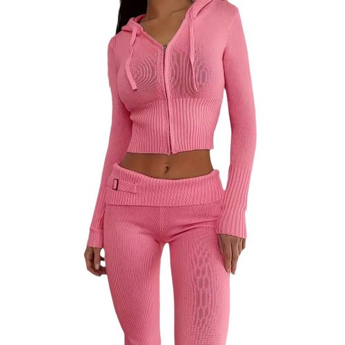 Strick-Cardigan-Hoodie-Set, zweiteiliges Damen-Herbstoutfit SSU-00017